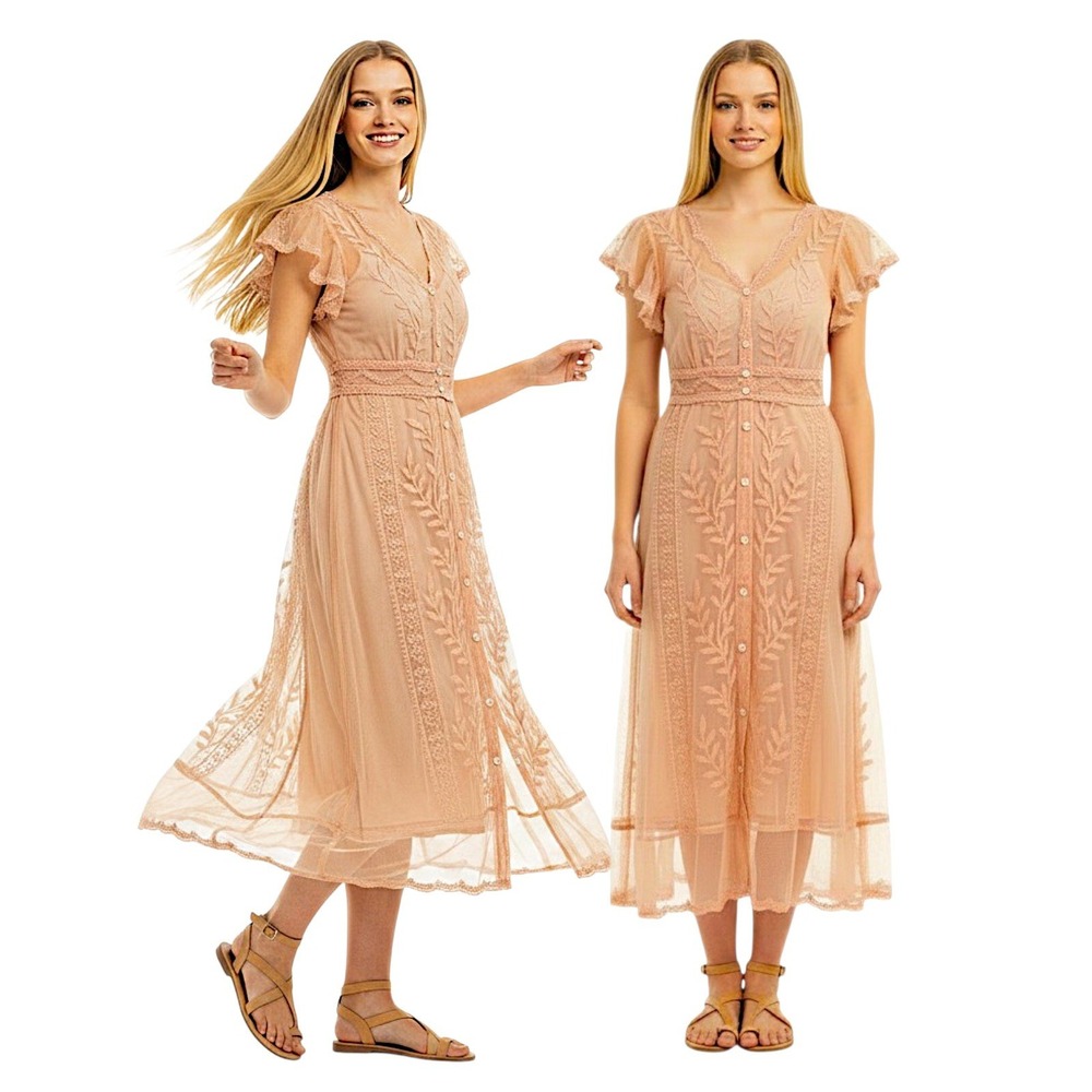 Miss Me Sheer Midi Dress M Peach Embroider Mesh Flutter Sleeve Cottagecore READ